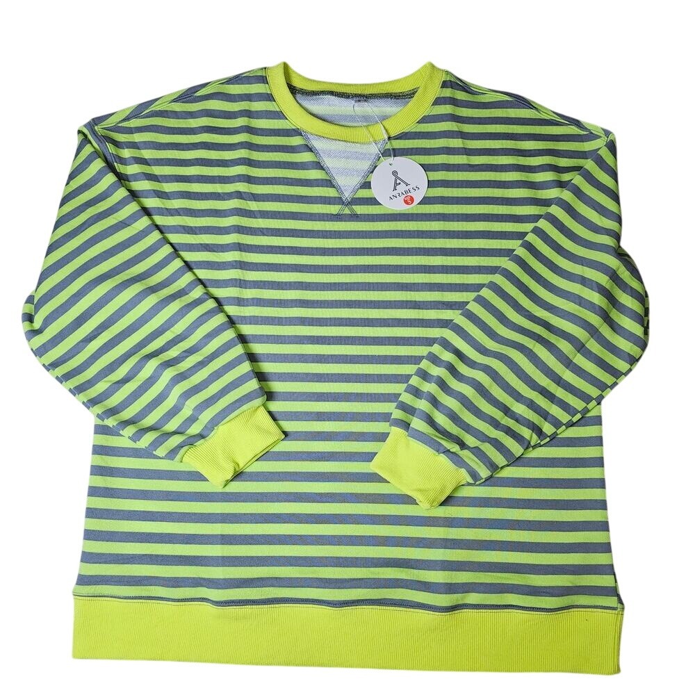 Anrabess Striped Lime Green and Grey Knit Henley Sweatshirt Size S